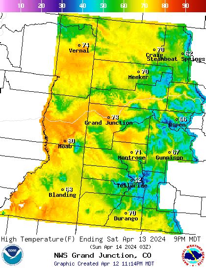 Noaa grand junction - Point Forecast: Grand Junction CO. 39.07°N 108.53°W (Elev. 4649 ft) Last Update: 8:56 am MDT Oct 18, 2023. Forecast Valid: 10am MDT Oct 18, 2023-6pm MDT Oct 24, 2023. Forecast Discussion.
